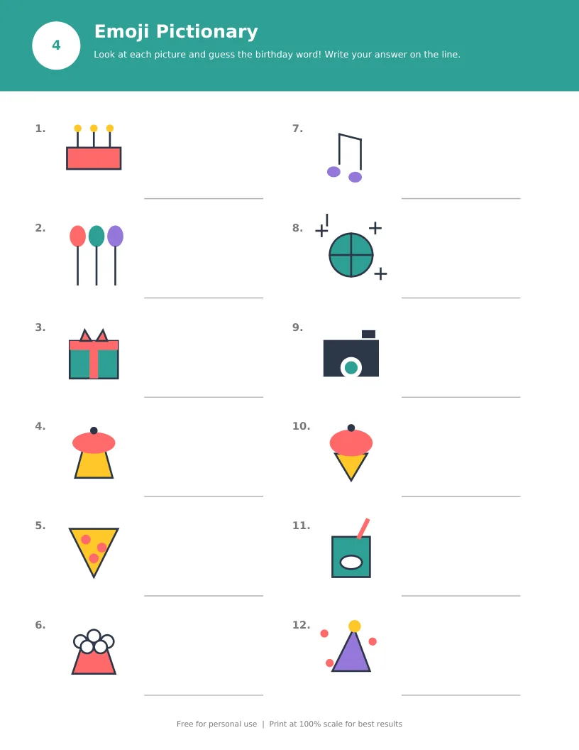 Emoji Pictionary page with 12 picture clues and answer lines for guessing birthday words
