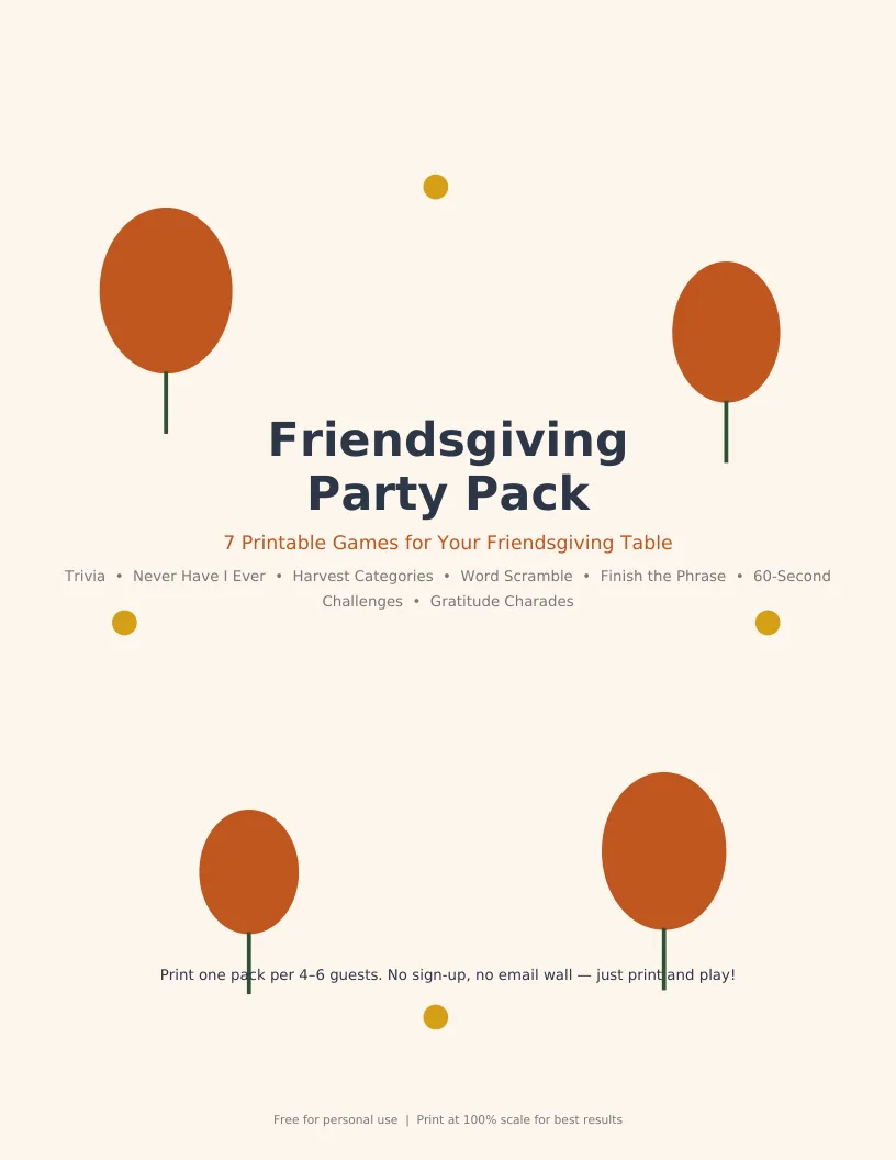Cover of the free Friendsgiving Party Pack PDF: 7 printable games for your Friendsgiving table
