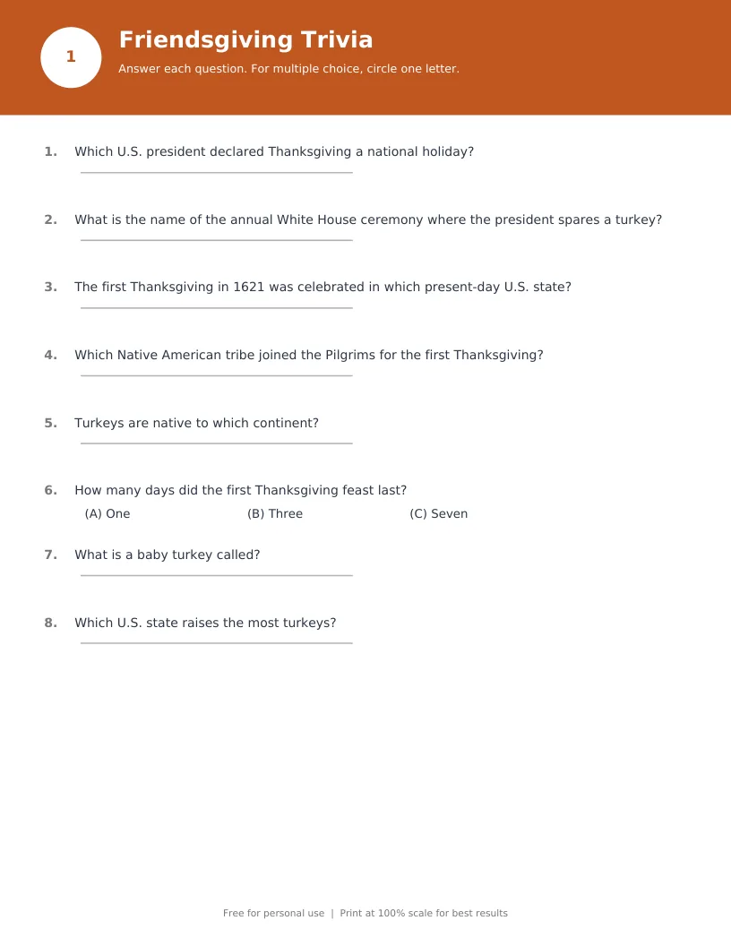 Friendsgiving Trivia page with numbered questions about Thanksgiving history, turkeys, and feast facts